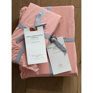 New Anthropologie Loren Embroidered Percale Queen Duvet & Shams Peach